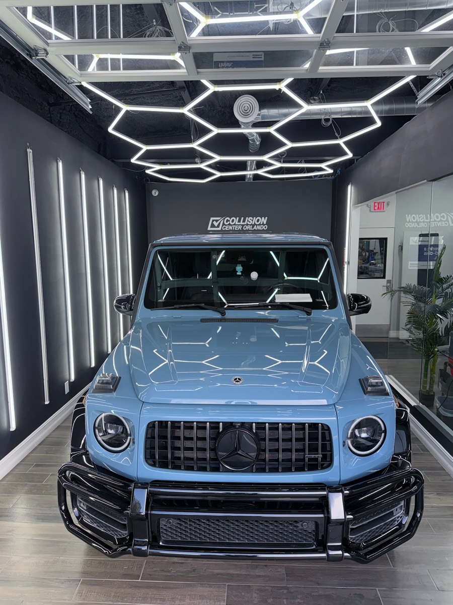 Mercedes-AMG G63 finished after collision repair in the Collision Center Orlando delivery showroom